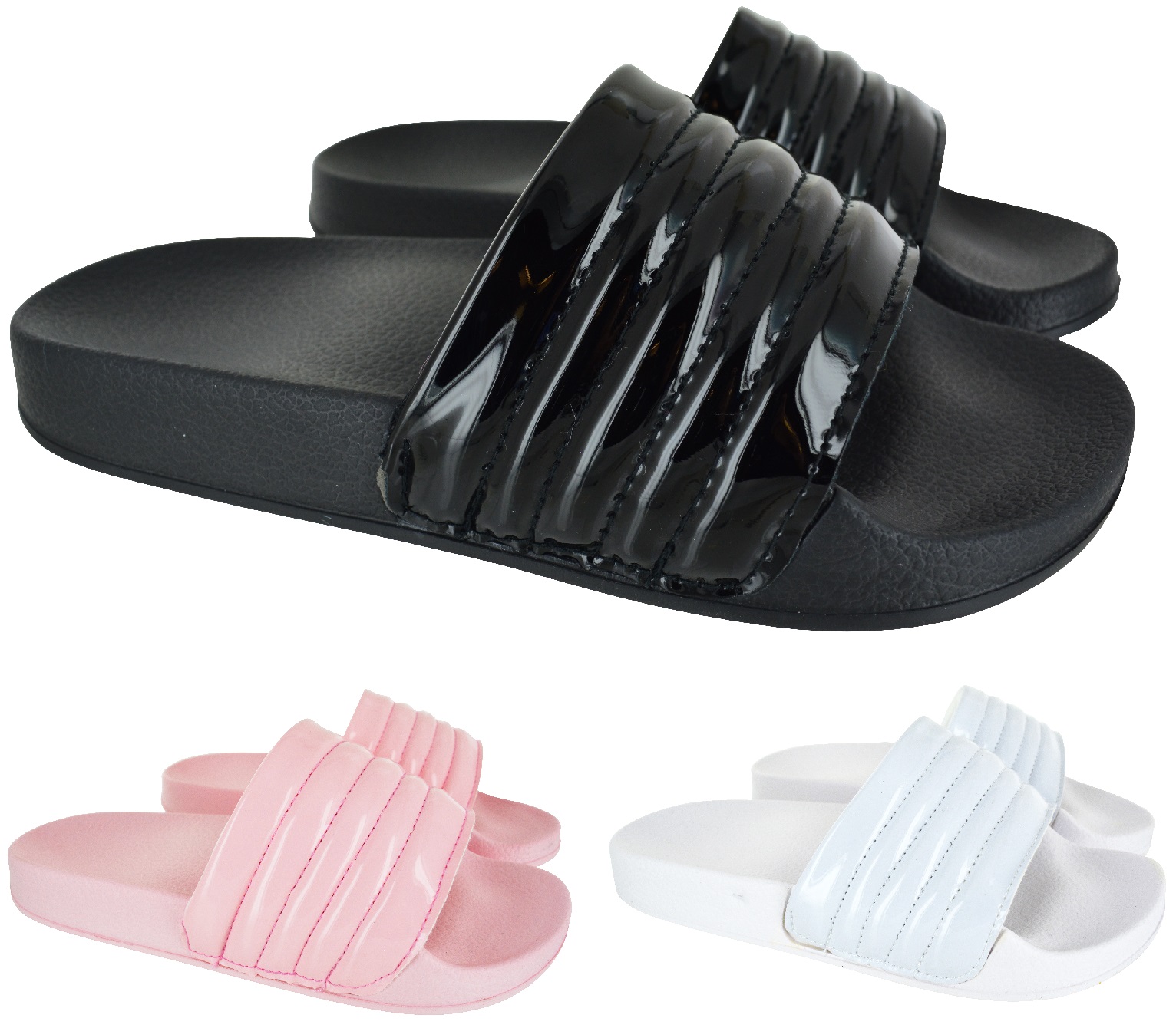 LADIES WOMENS PATENT QUILTED RUBBER METALLIC SLIP ON SLIDERS MULE SUMMER SANDALS